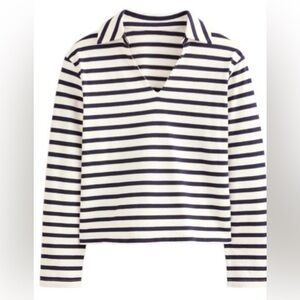 Boden Ivory Notched Collar Blue Striped Cotton Collared Sweater XS